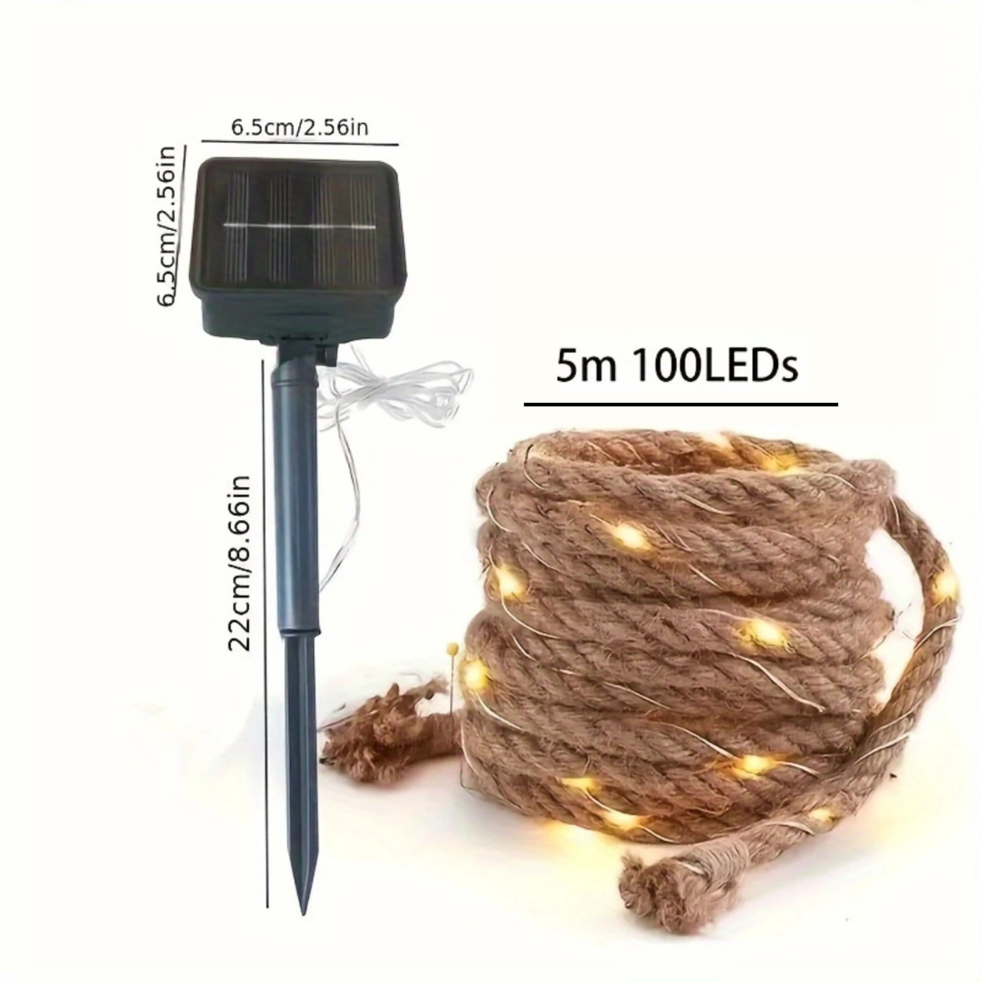 Guirlande lumineuse solaire décorative en corde de chanvre 5 m 100 LED blanc chaud pour jardin terrasse balcon | Koossa
