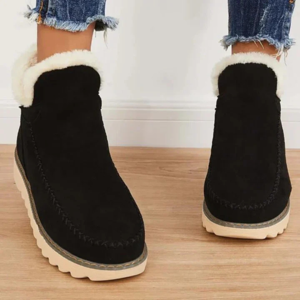 Faux-Suede Slip-On Ankle Boots in Beige, Black & Brown with Fur Lining for Winter Warmth | Koossa