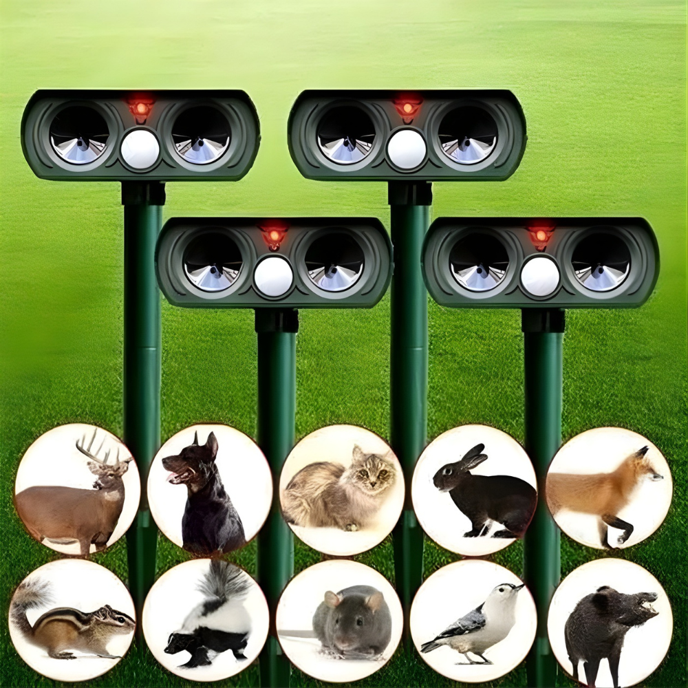 Répulsif à ultrasons solaire pour jardin portée 8–10 m IP66 13,5–45,5 kHz protection écologique anti-nuisibles | Koossa