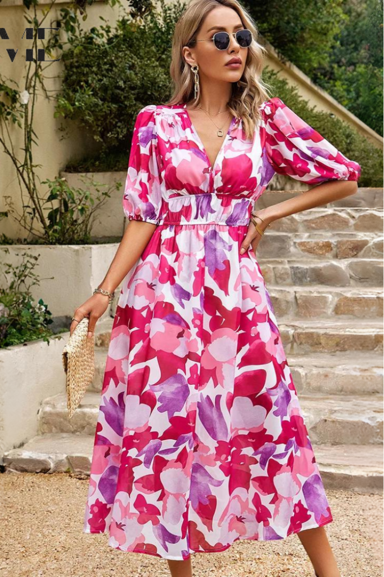 Floral Midi Dress with Puff Sleeves and Gathered Waist for Garden Parties and Summer Weddings | Koossa