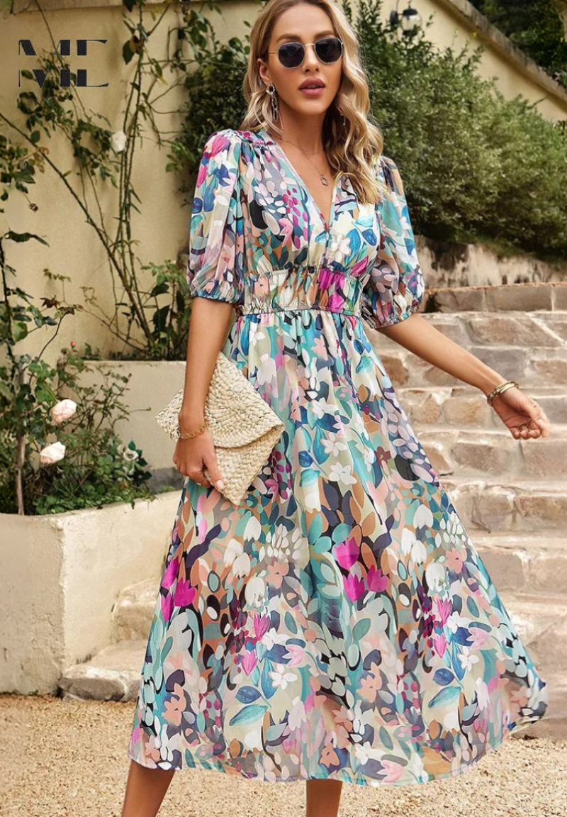 Women's V-Neck Floral Midi Dress in Vibrant Summer Prints | Elegant Garden Party Dress | Lightweight Flowing Dress for Warm Weather | Koossa