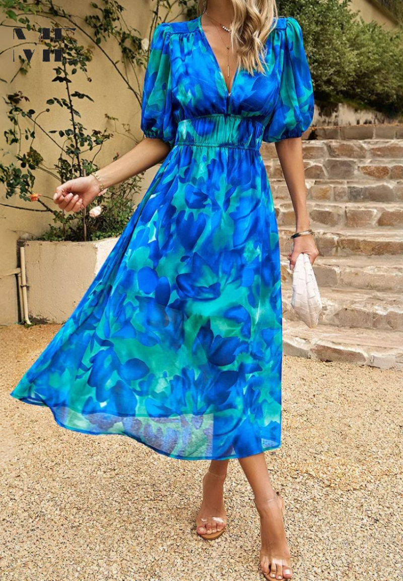 Women's V-Neck Floral Midi Dress in Vibrant Summer Prints | Elegant Garden Party Dress | Lightweight Flowing Dress for Warm Weather | Koossa