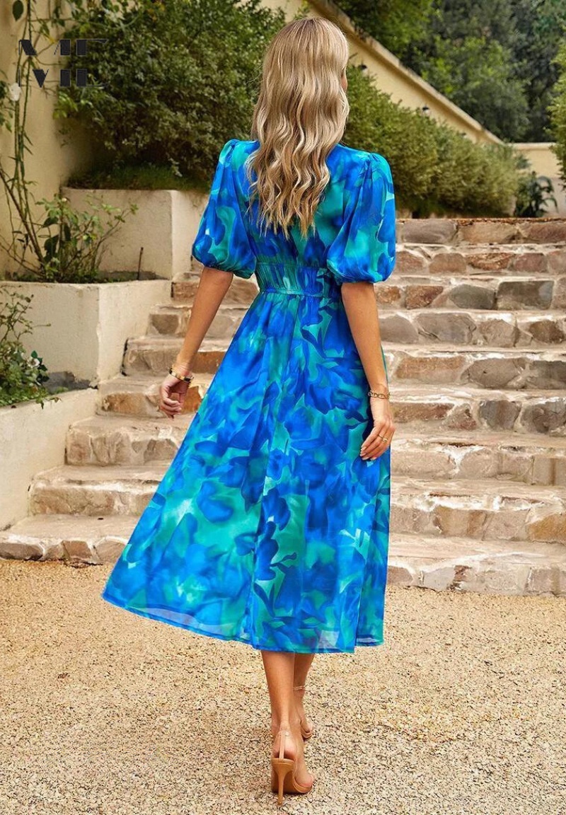 Women's V-Neck Floral Midi Dress in Vibrant Summer Prints | Elegant Garden Party Dress | Lightweight Flowing Dress for Warm Weather | Koossa