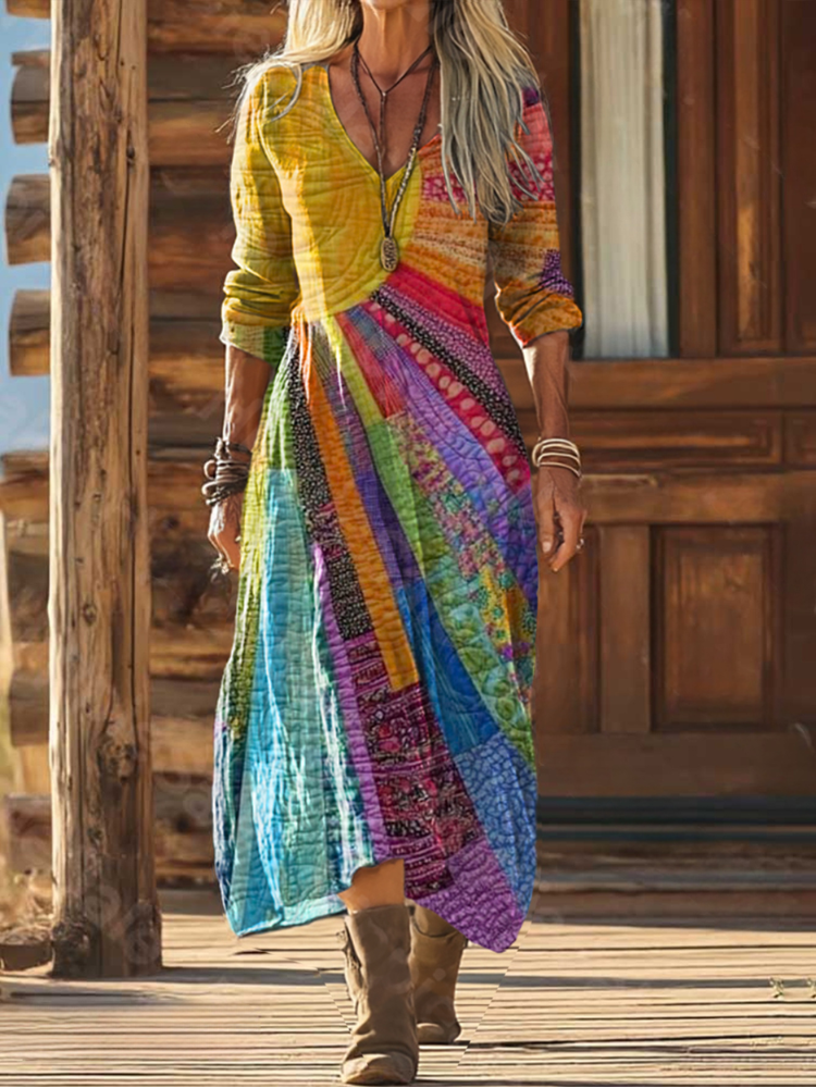 Women's Bohemian Sun Print V-Neck Dress in Cotton-Linen Blend for Summer Holidays and Casual Weekend Wear | Koossa