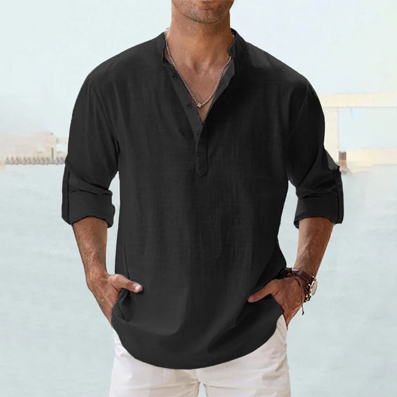 Men's Long Sleeve Grandad Collar Shirt in Washed Cotton | Classic Henley Button Placket Casual Relaxed Fit Heritage Style Timeless Weekend Shirt | Koossa