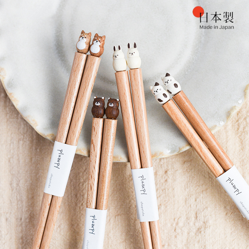 Kids Training Chopsticks with Animal Toppers, Wooden Easy-Grip Learning Utensils for Toddlers, Shiba Inu, Bunny, Bear, Kitten | Lonoma