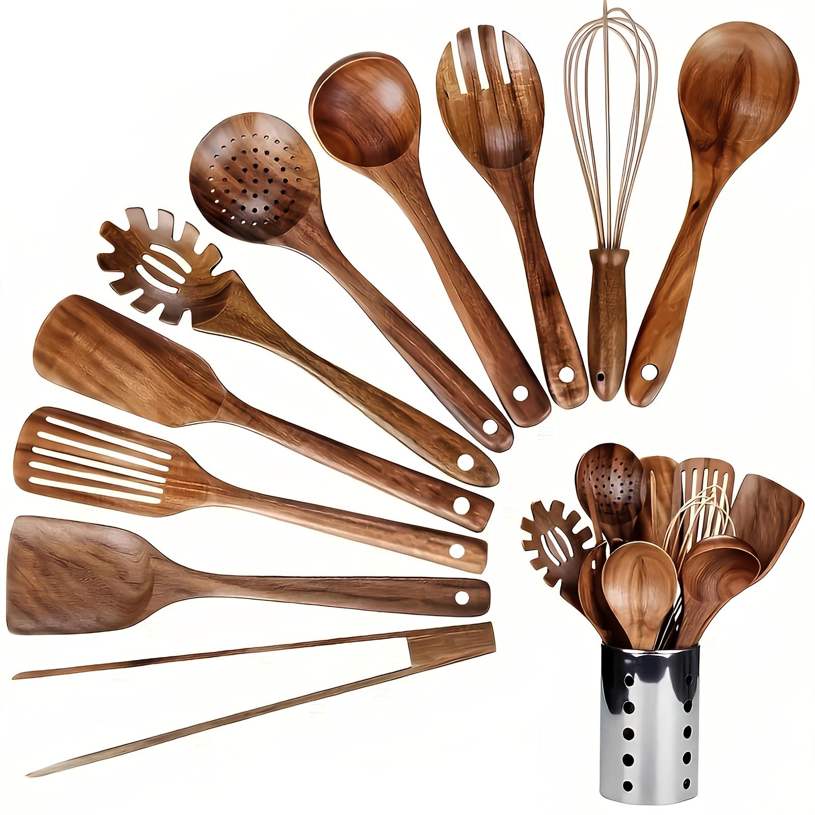 Ensemble de 11 ustensiles de cuisine en teck avec support – Bois naturel durable et résistant pour tous les jours | Koossa