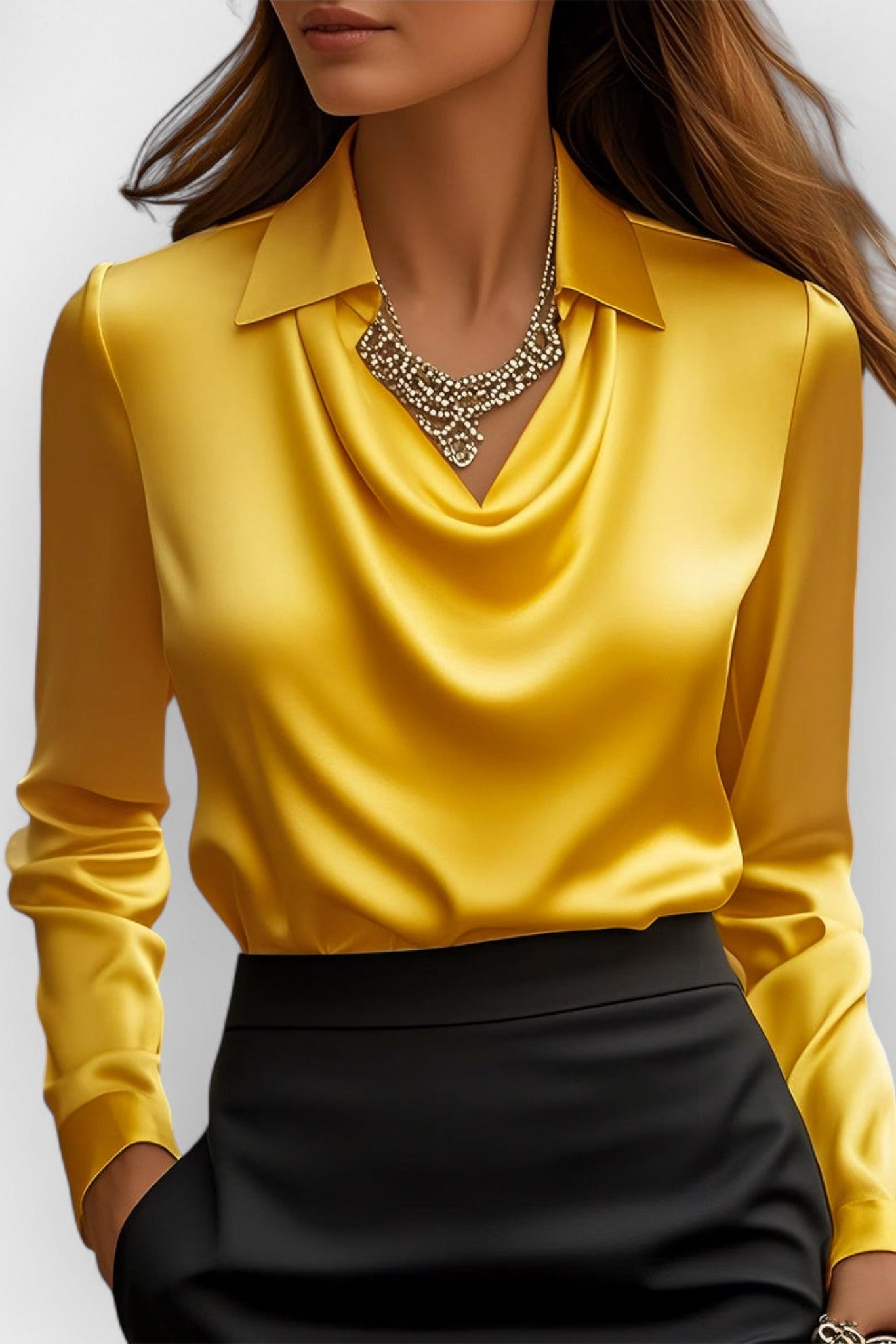 Collared Drape Neck Blouse in Lightweight Weave for Office and Evening | Women's Long Sleeve Smart Top with Elegant Neckline Detail | Koossa