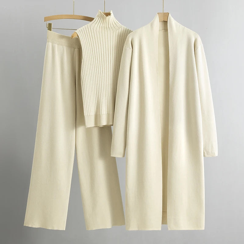Three-Piece Knitted Co-ord Set — Cardigan, Sleeveless Top & Wide-Leg Trousers in Soft Ribbed Viscose Blend for Effortless Layered Elegance | Koossa