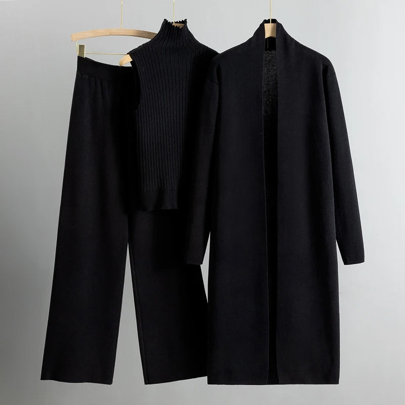 Three-Piece Knitted Co-ord Set — Cardigan, Sleeveless Top & Wide-Leg Trousers in Soft Ribbed Viscose Blend for Effortless Layered Elegance | Koossa