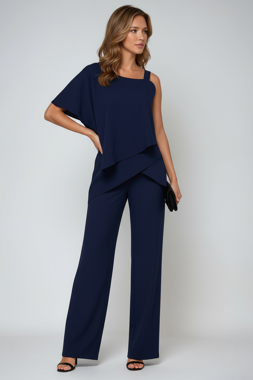 Layered Chiffon Top and Wide-Leg Trousers Co-ord Set in Black for Elegant Occasions | summer evening outfit | flowing trousers | asymmetric overlay | square neckline jumpsuit | Koossa
