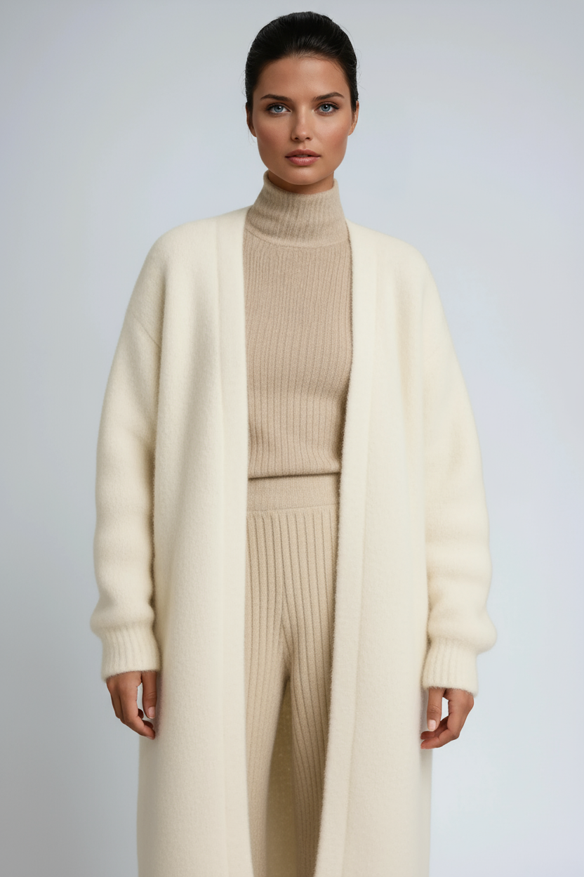 Long Open-Front Cardigan in Brushed Knit – White, Grey, Black, Khaki – Elegant Layering Coat for Transitional Weather | Koossa