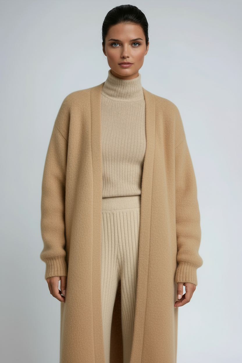 Long Open-Front Cardigan in Brushed Knit – White, Grey, Black, Khaki – Elegant Layering Coat for Transitional Weather | Koossa