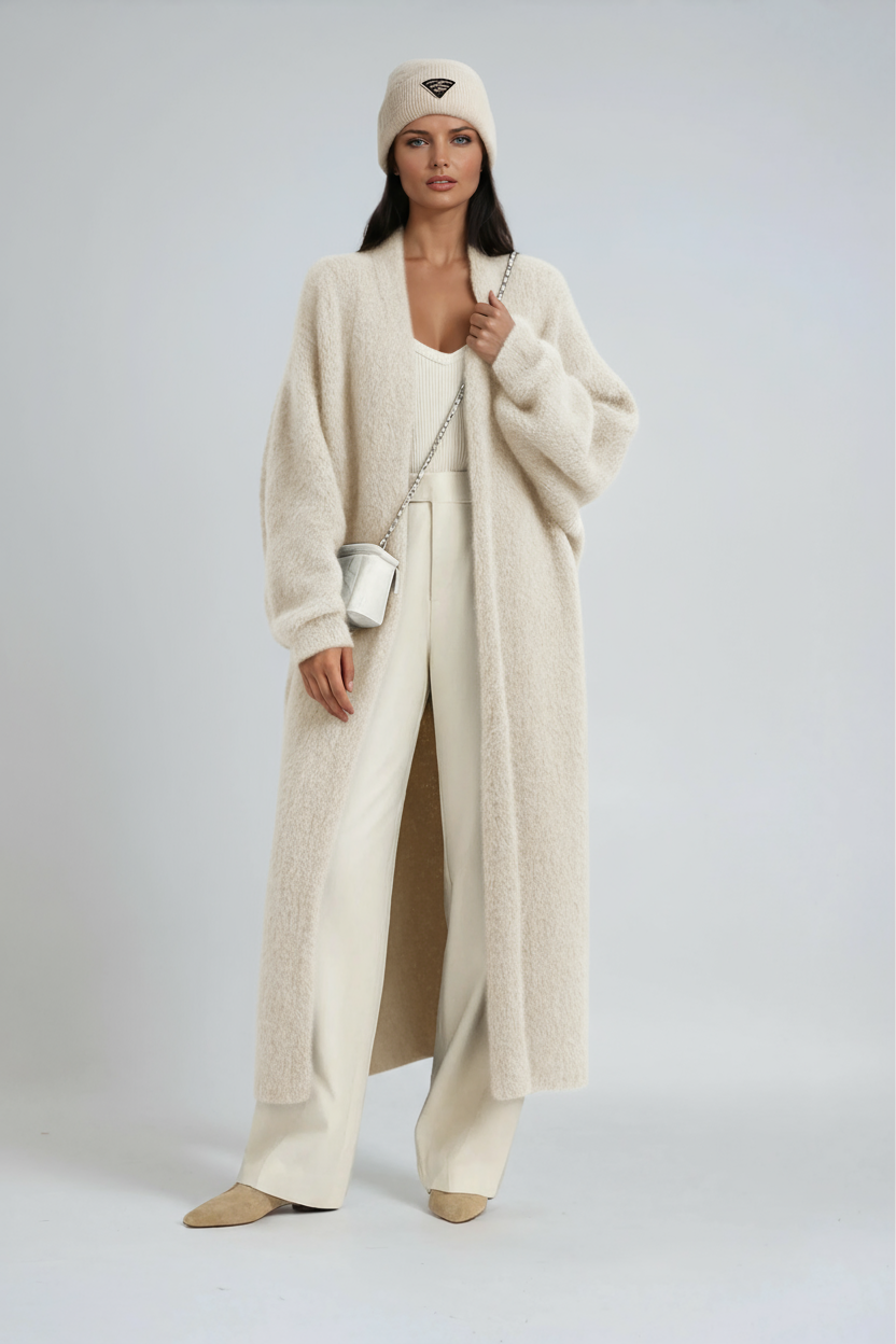 Long Open-Front Cardigan in Brushed Knit – White, Grey, Black, Khaki – Elegant Layering Coat for Transitional Weather | Koossa