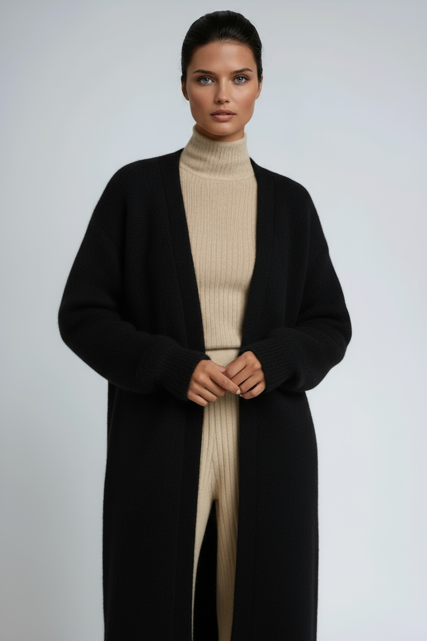 Long Open-Front Cardigan in Brushed Knit – White, Grey, Black, Khaki – Elegant Layering Coat for Transitional Weather | Koossa