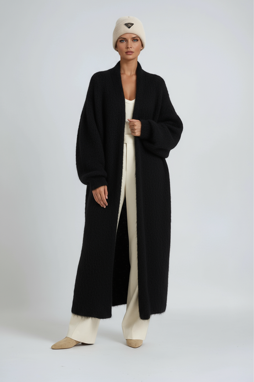 Long Open-Front Cardigan in Brushed Knit – White, Grey, Black, Khaki – Elegant Layering Coat for Transitional Weather | Koossa