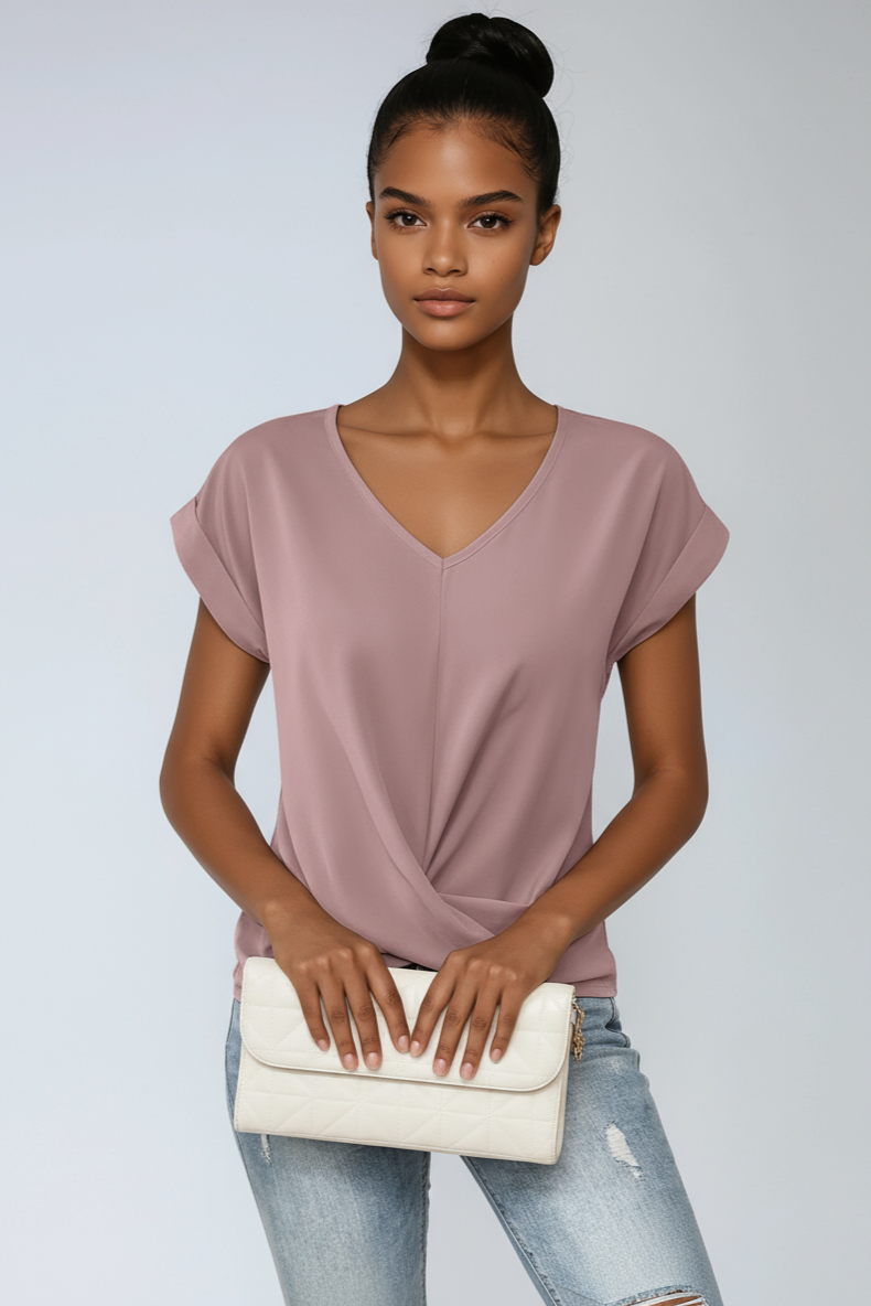 Black Satin V-Neck Blouse with Rolled Sleeves for Day and Evening Wear | Lustrous Drape Blouse | Versatile Wardrobe Essential | Koossa