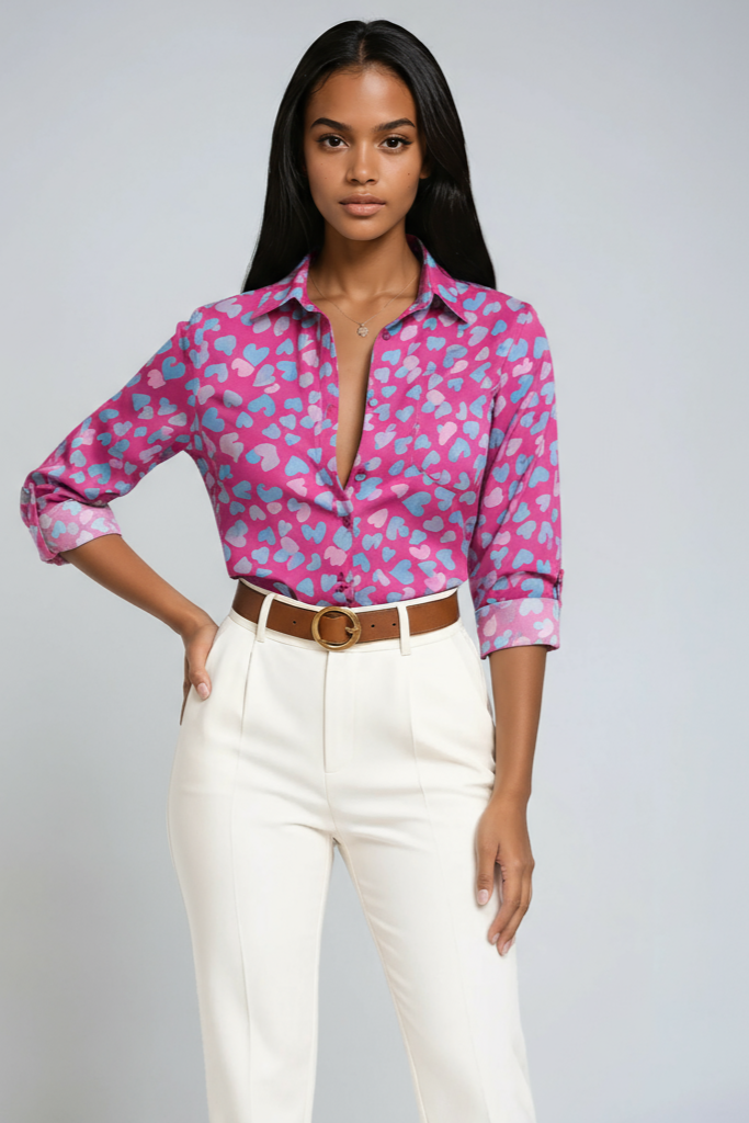 Geometric Print Blouse with Button Front and Three-Quarter Sleeves in Blue | Koossa