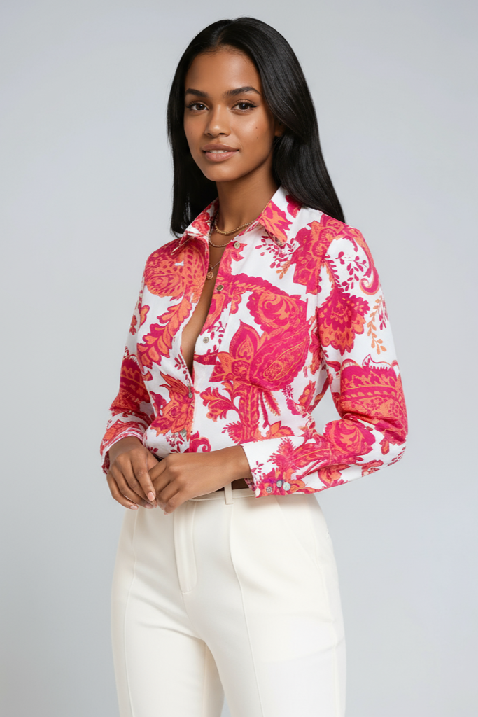 Geometric Print Blouse with Button Front and Three-Quarter Sleeves in Blue | Koossa