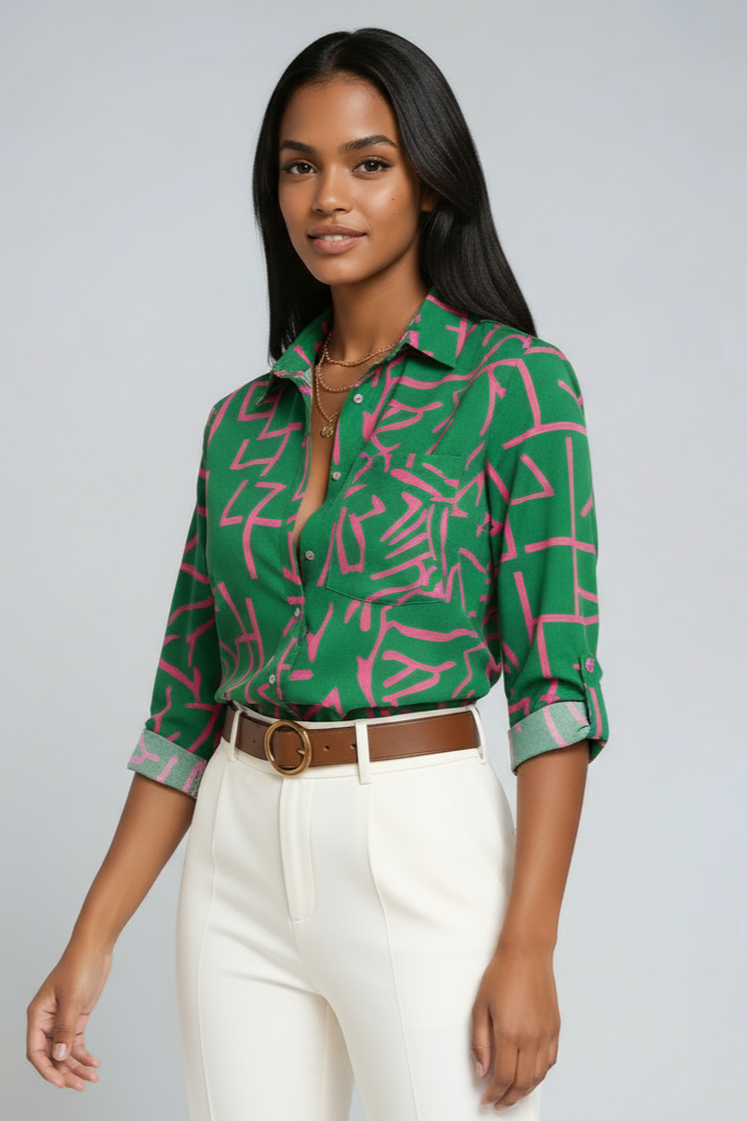 Geometric Print Blouse with Button Front and Three-Quarter Sleeves in Blue | Koossa
