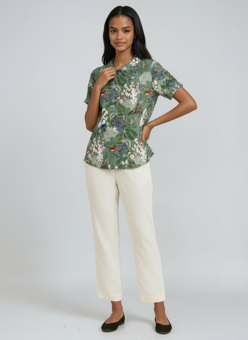 Linen Blouse with Embroidered Flowers and Peter Pan Collar Spring Summer Lightweight Breathable Top | Koossa