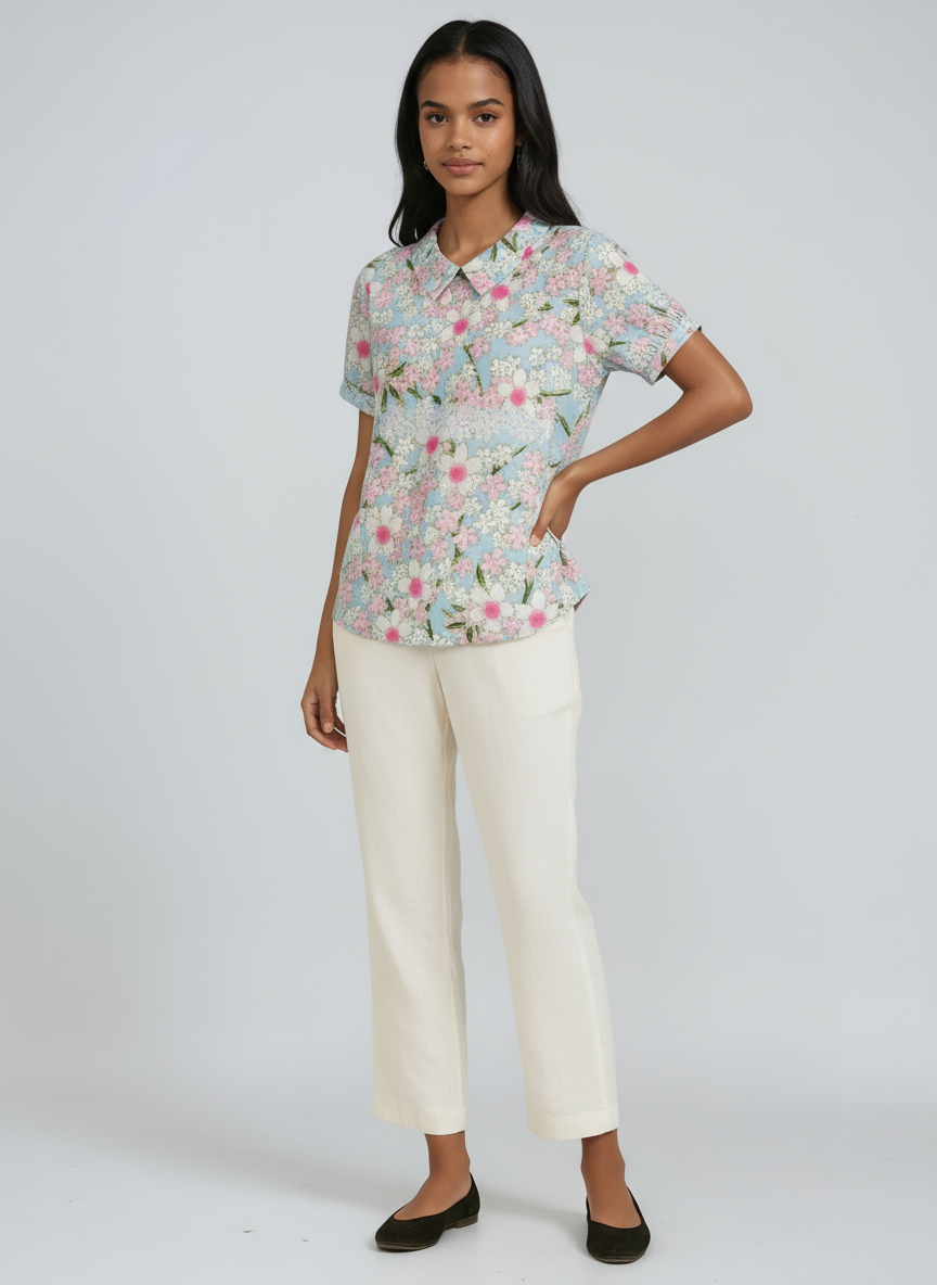 Linen Blouse with Embroidered Flowers and Peter Pan Collar Spring Summer Lightweight Breathable Top | Koossa