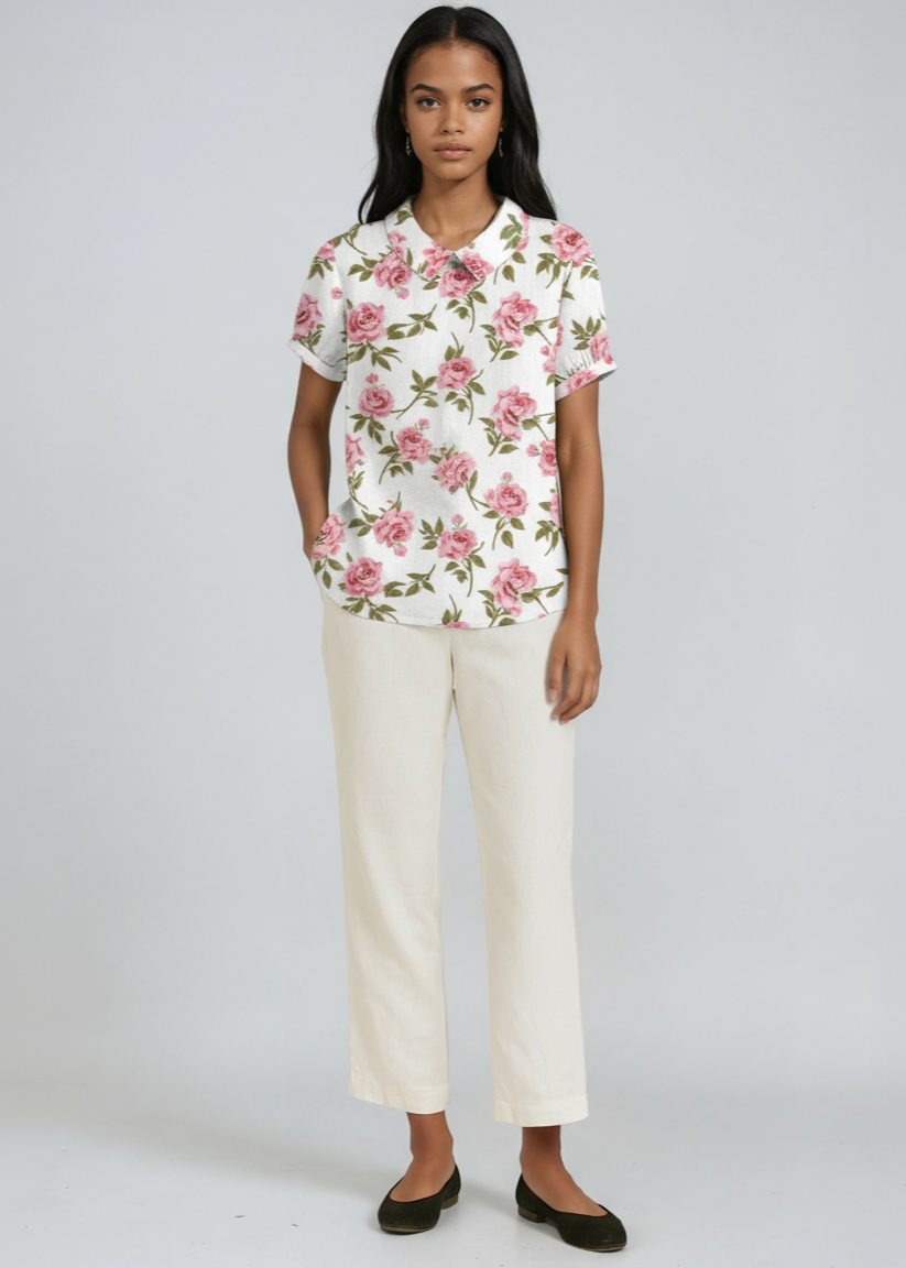 Linen Blouse with Embroidered Flowers and Peter Pan Collar Spring Summer Lightweight Breathable Top | Koossa
