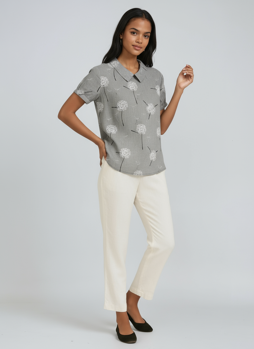 Linen Blouse with Embroidered Flowers and Peter Pan Collar Spring Summer Lightweight Breathable Top | Koossa