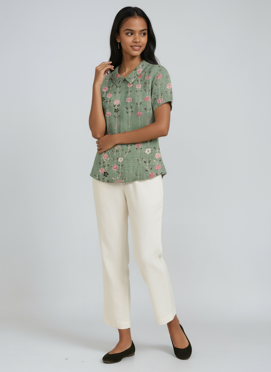 Linen Blouse with Embroidered Flowers and Peter Pan Collar Spring Summer Lightweight Breathable Top | Koossa