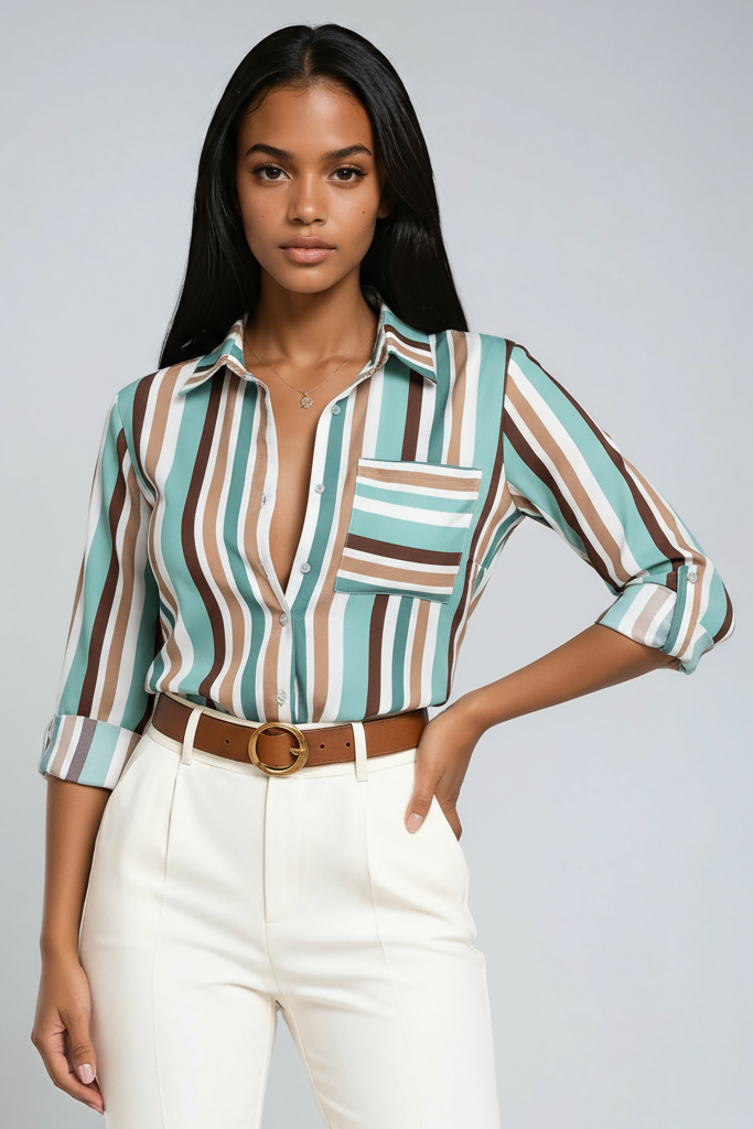 Geometric Print Blouse with Button Front and Three-Quarter Sleeves in Blue | Koossa