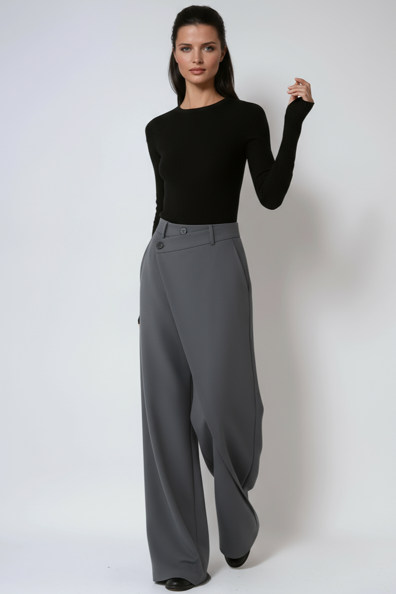 High-Waisted Wide-Leg Trousers with Asymmetric Wrap Detail in Black, Brown & Grey for Work and Evening | Koossa
