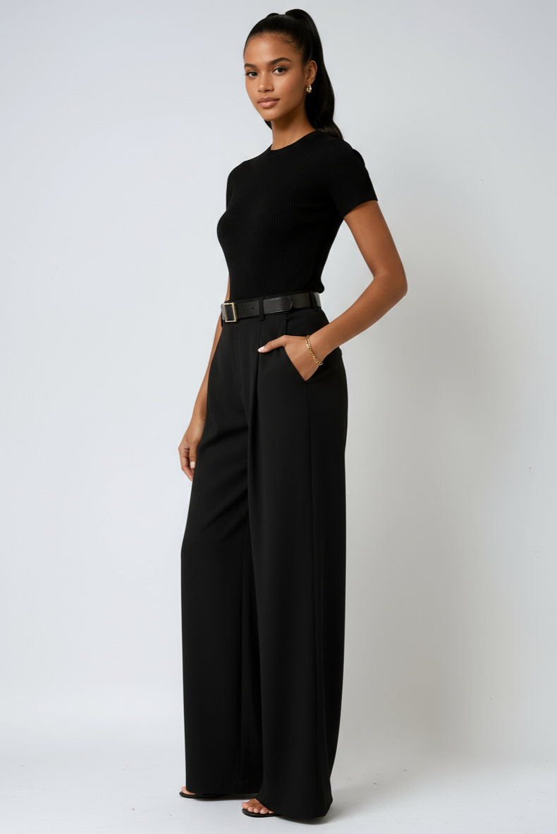 High-Waisted Wide-Leg Trousers in White with Pleated Front for Smart Casual Occasions | Koossa