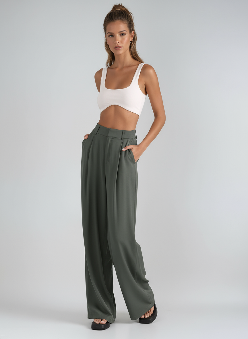 High-Waisted Wide-Leg Trousers in Lightweight Fabric for Smart Casual Elegance | Flowing Palazzo Trousers with Pleated Detail for Women | Koossa