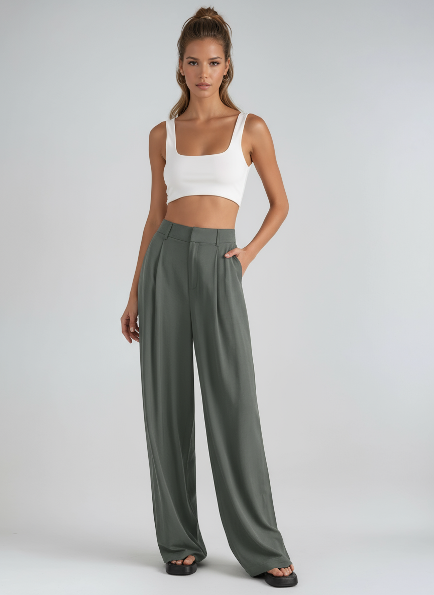 High-Waisted Wide-Leg Trousers in Lightweight Fabric for Smart Casual Elegance | Flowing Palazzo Trousers with Pleated Detail for Women | Koossa