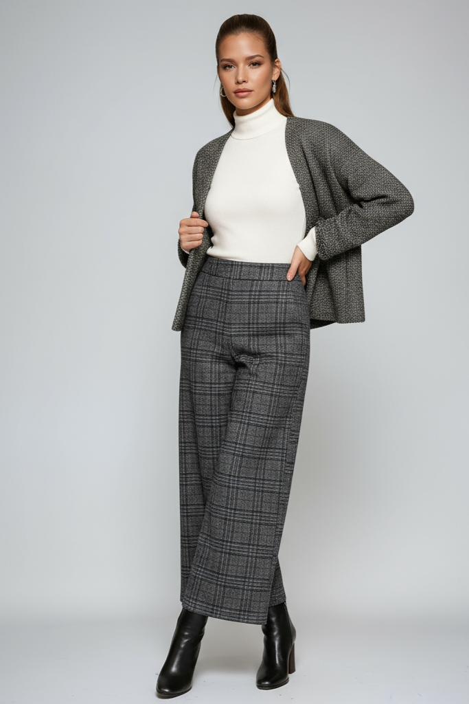 Wide Leg Cropped Trousers with Belt and Check Pattern in Black and Grey for Smart Casual and Workwear | Koossa