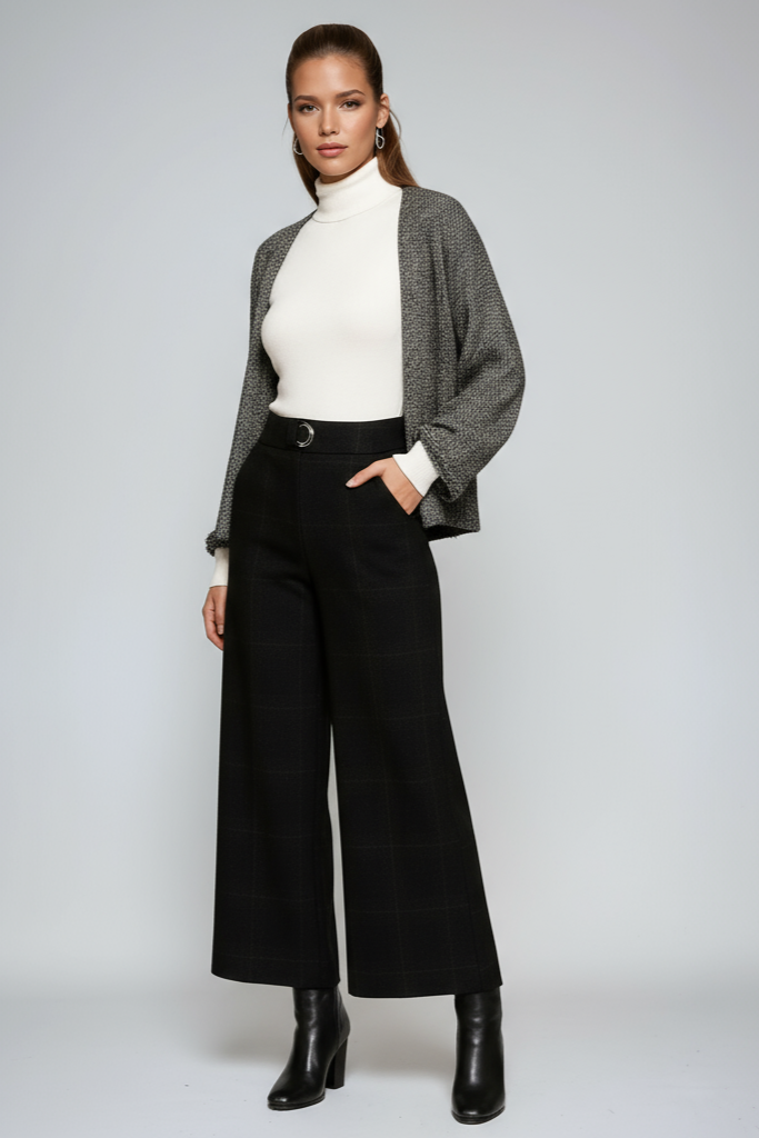 Wide Leg Cropped Trousers with Belt and Check Pattern in Black and Grey for Smart Casual and Workwear | Koossa