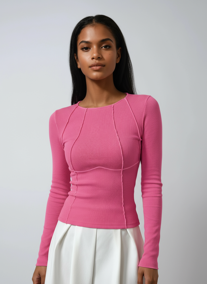 Ribbed Long Sleeve Top with Sculpted Seam Detail in Stretch Jersey for Effortless Layering and Flattering Fit | Koossa