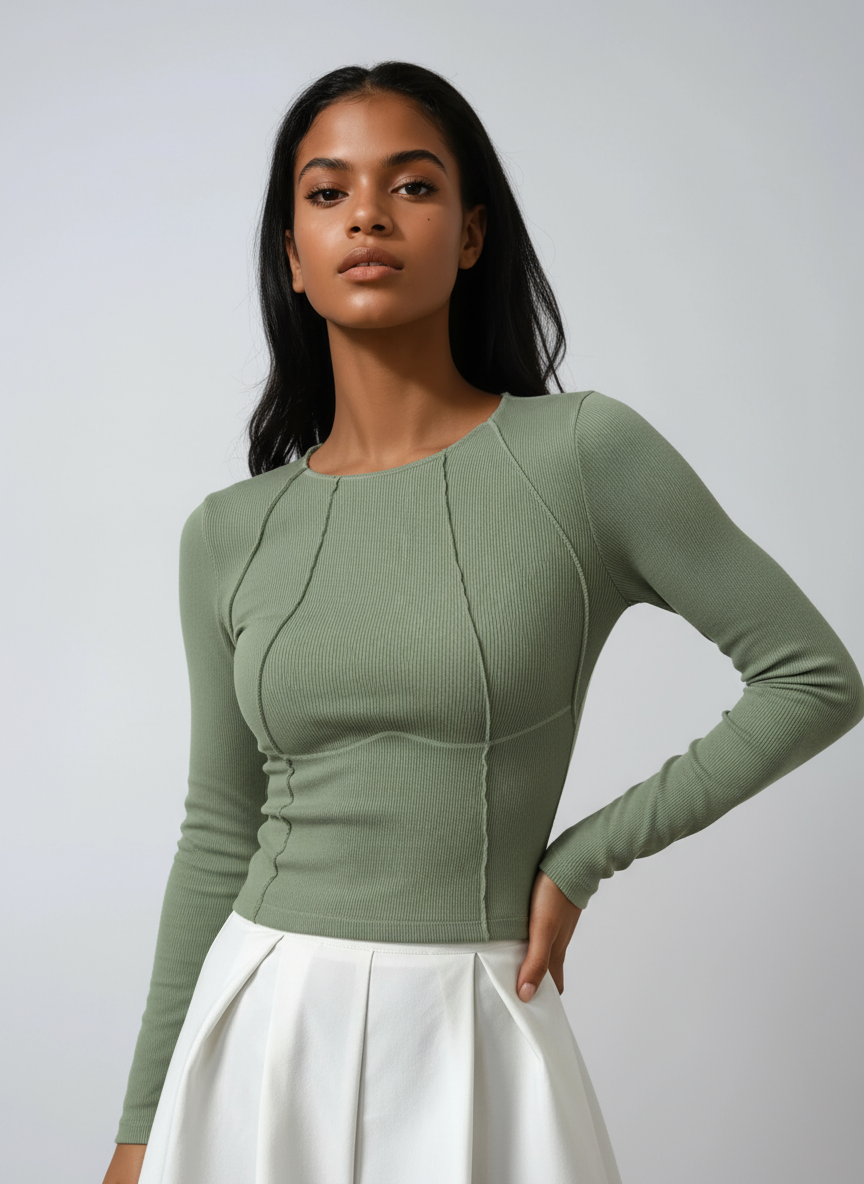 Ribbed Long Sleeve Top with Sculpted Seam Detail in Stretch Jersey for Effortless Layering and Flattering Fit | Koossa