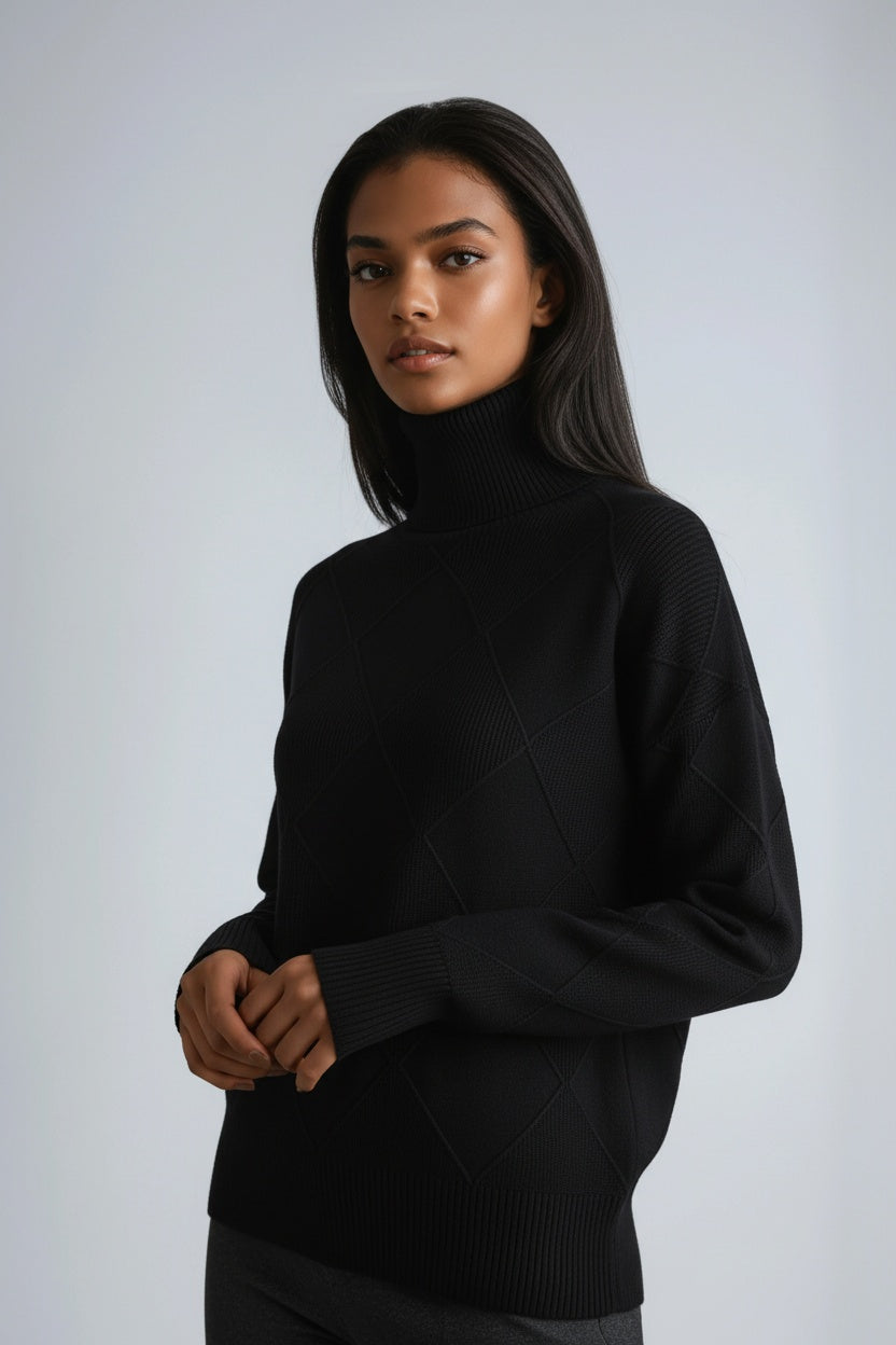 Women's Wool Turtleneck Jumper with Textured Geometric Knit in Eight Colours for Sophisticated Winter Layering and Timeless Autumn Style | Koossa