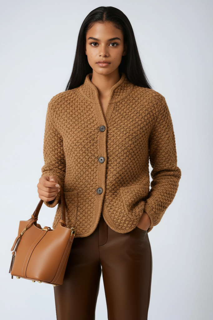 Wool Knit Jacket with Button Front in Grey, Camel & Beige – Refined Layering Piece for Cooler Days | Koossa