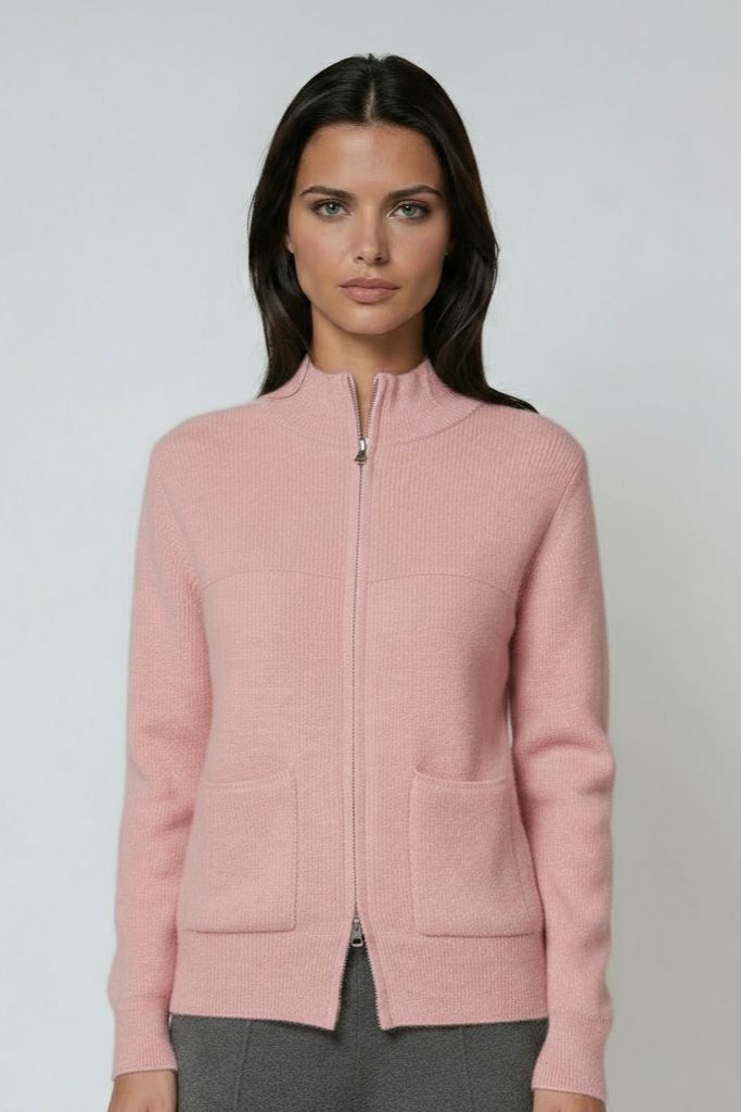 Women's Zipped Merino Wool Cardigan with High Neck in Beige, Pink, Camel & Turquoise | Relaxed Fit Knitwear | Koossa
