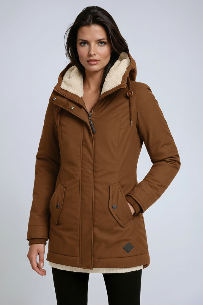 Quilted Parka Coat with Fleece-Lined Hood in Black, Wine Red, Green, Grey, Blue, Caramel | Warm Winter Outerwear for Women | Koossa