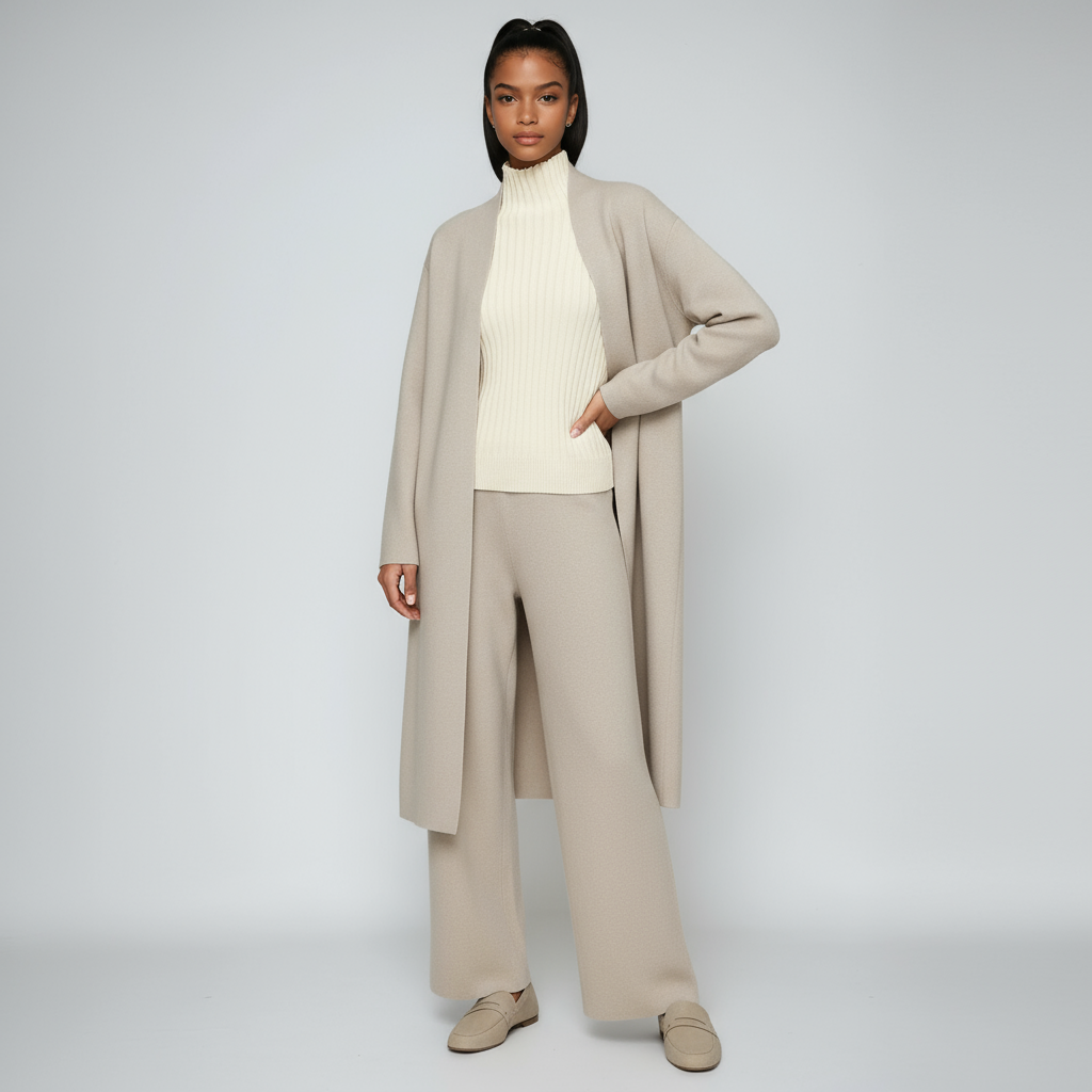 Three-Piece Knitted Co-ord Set — Cardigan, Sleeveless Top & Wide-Leg Trousers in Soft Ribbed Viscose Blend for Effortless Layered Elegance | Koossa