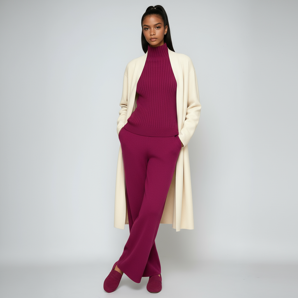 Three-Piece Knitted Co-ord Set — Cardigan, Sleeveless Top & Wide-Leg Trousers in Soft Ribbed Viscose Blend for Effortless Layered Elegance | Koossa