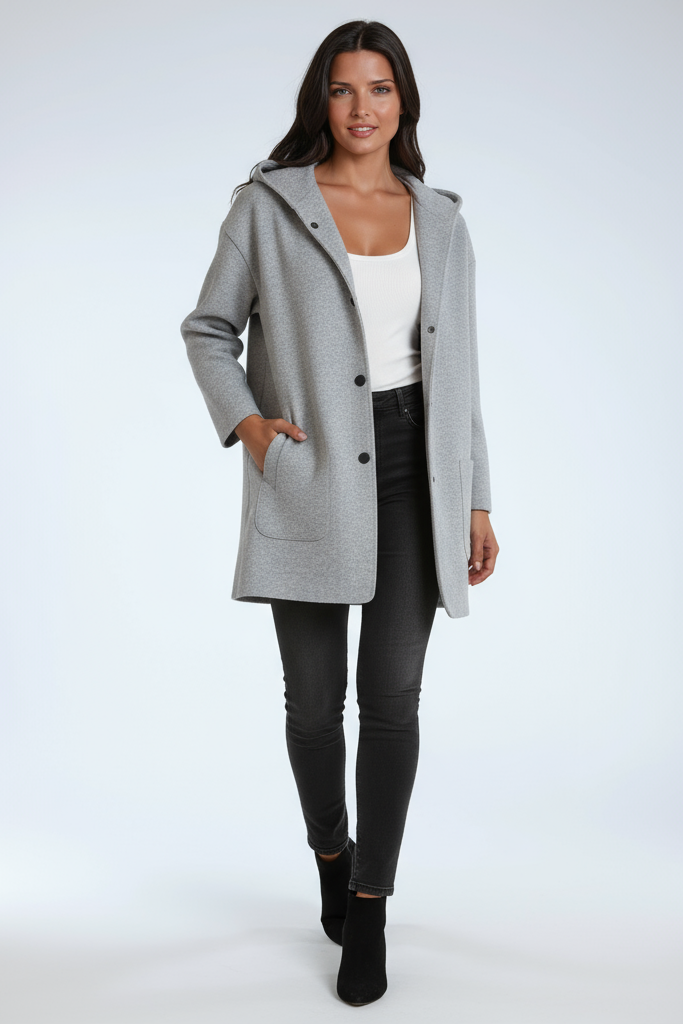 Women's Mid-Length Hooded Coat — Relaxed Everyday Jacket for Autumn & Winter Layering with Pockets | Koossa