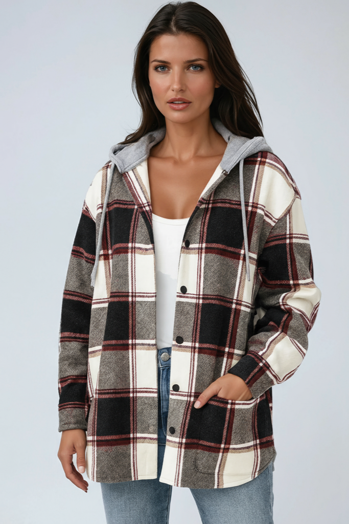 Oversized Hooded Jacket in Classic Checked Wool Blend for Autumn Layering | Koossa