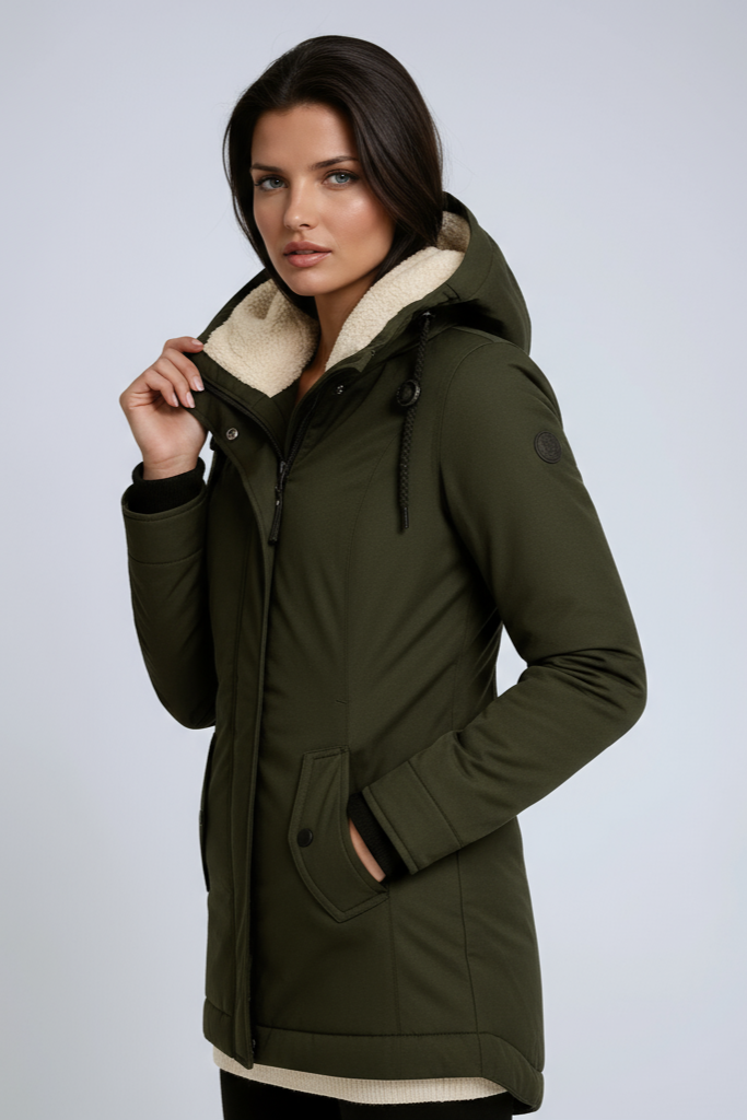 Quilted Parka Coat with Fleece-Lined Hood in Black, Wine Red, Green, Grey, Blue, Caramel | Warm Winter Outerwear for Women | Koossa