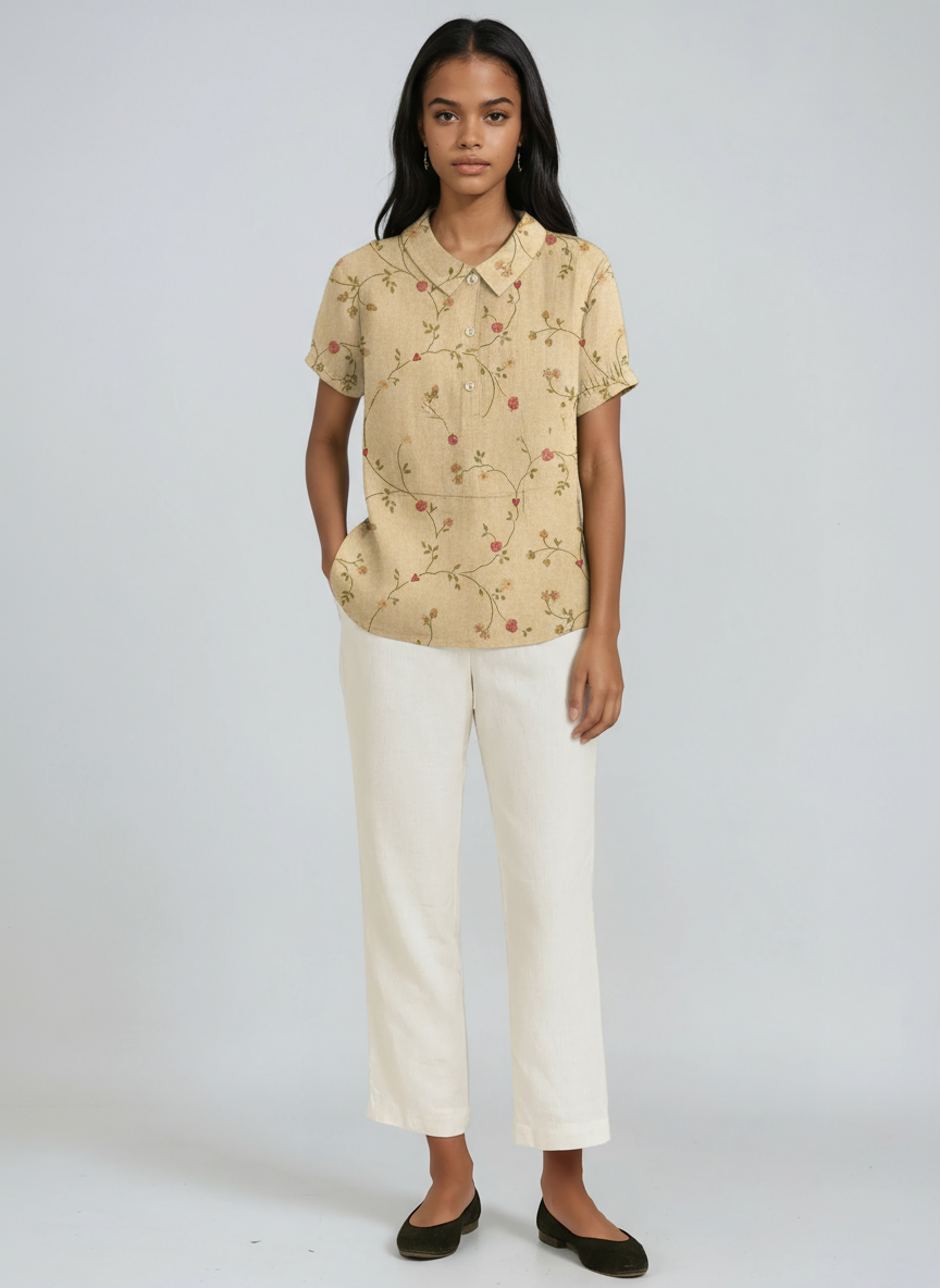Linen Blouse with Embroidered Flowers and Peter Pan Collar Spring Summer Lightweight Breathable Top | Koossa