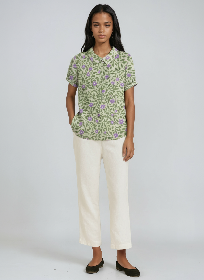 Linen Blouse with Embroidered Flowers and Peter Pan Collar Spring Summer Lightweight Breathable Top | Koossa