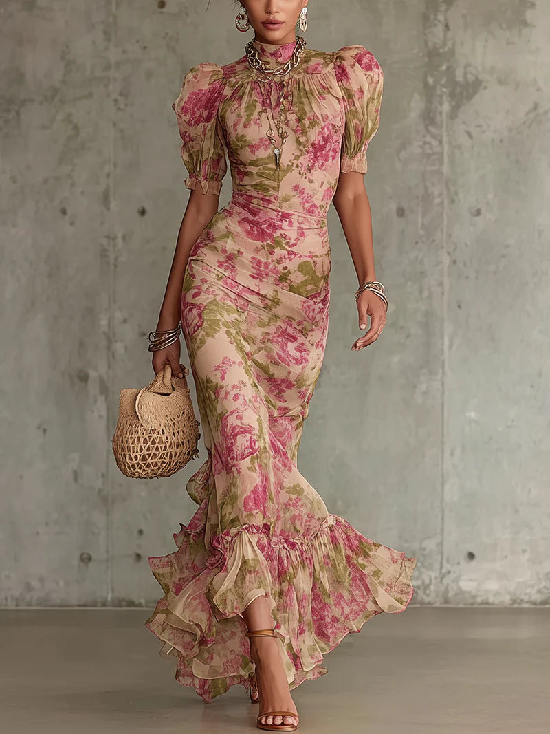 Women's Rose Print Puff Sleeve Maxi Dress in Pink – Flowing Silhouette for Garden Parties & Summer Occasions | Koossa